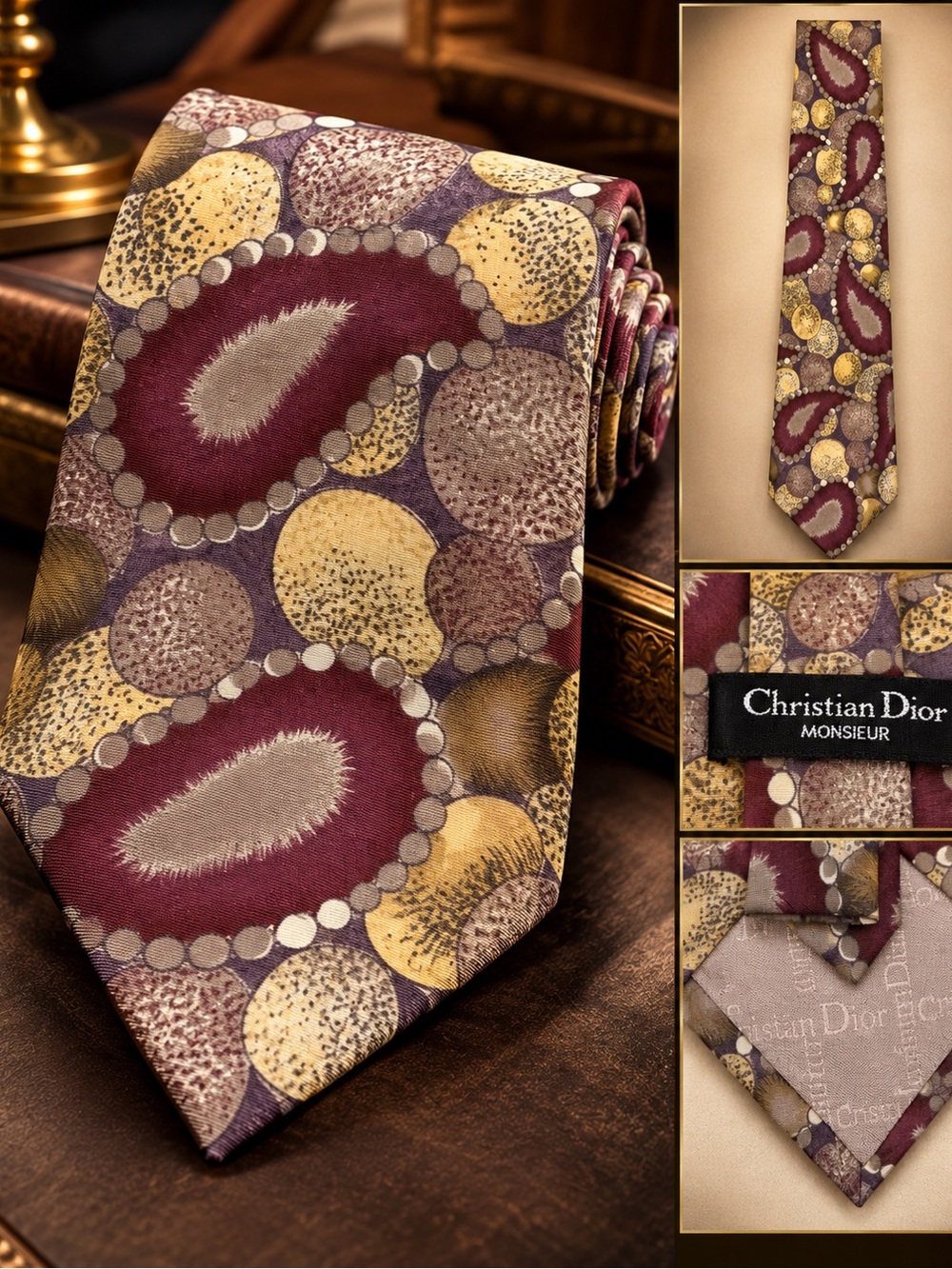 Dior Maroon, Gold & Taupe Silk Paisley Dot Tie